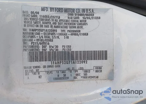 2001 Ford Taurus Lx from USA, damaged, VIN 1FAHP52U71A122092